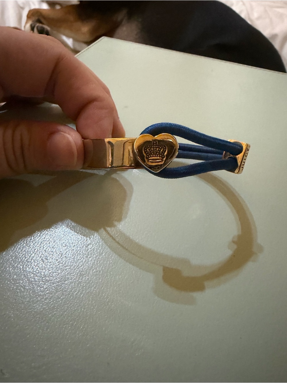 Vintage Juicy Coutour Gold Heart Crown Bracelet with Blue Cord